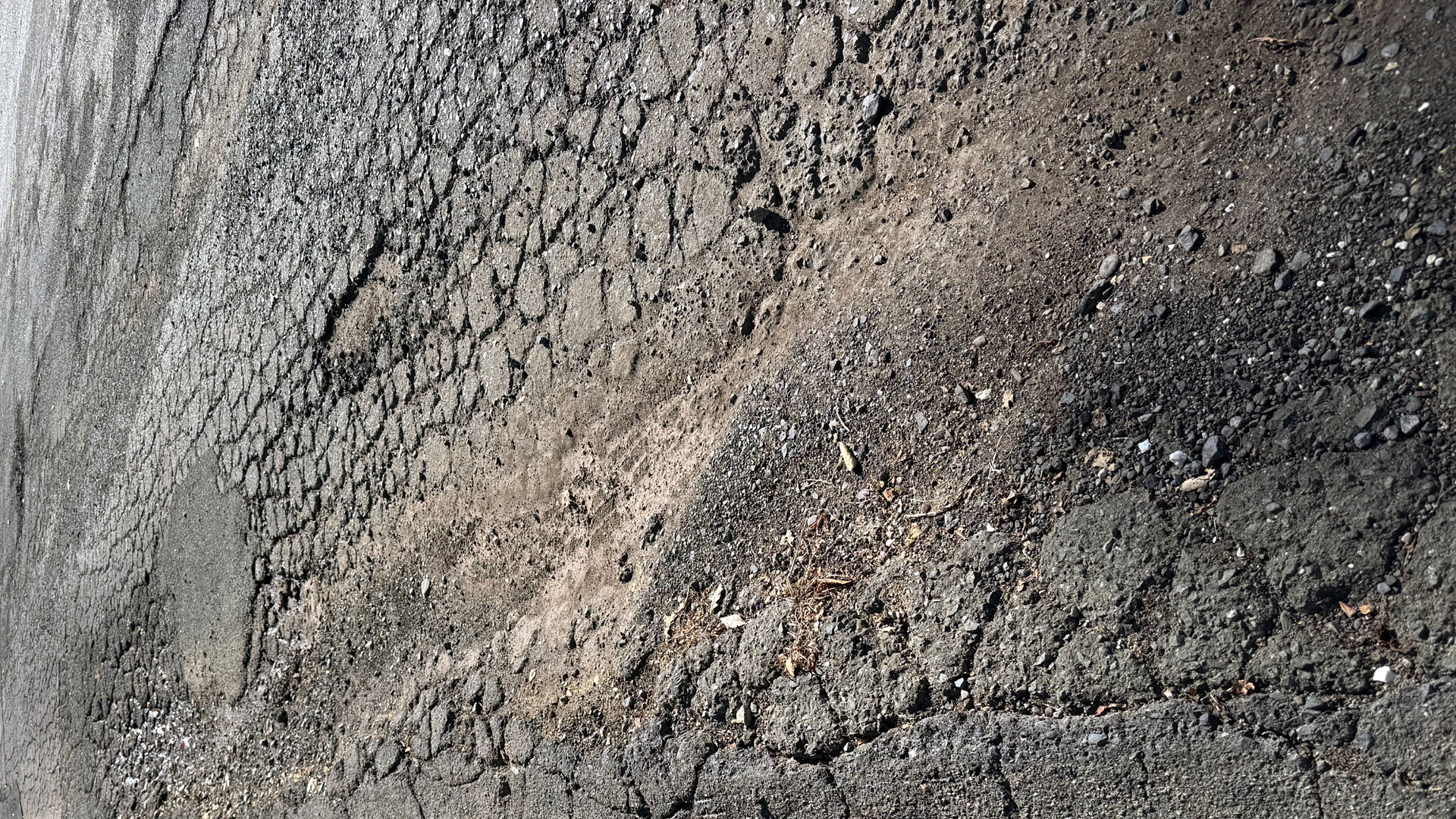 Maplewood Drive on October 24, 2026 with severe alligator cracking and crumbling asphalt with loose gravel
